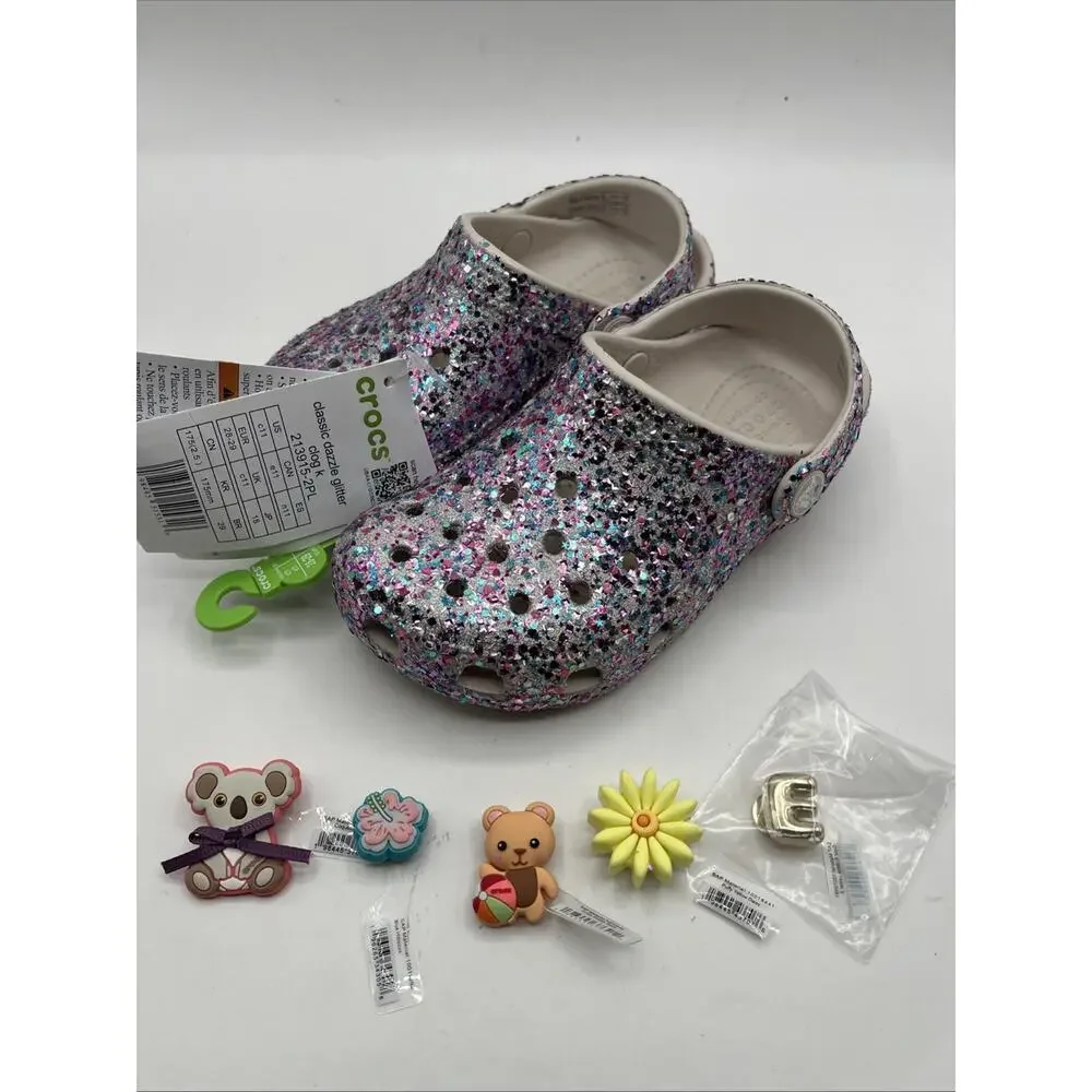 CROCS KIDS Classic Dazzle Glitter Clog 213915 Purple PINK With 5 Jibbitz NWT C11